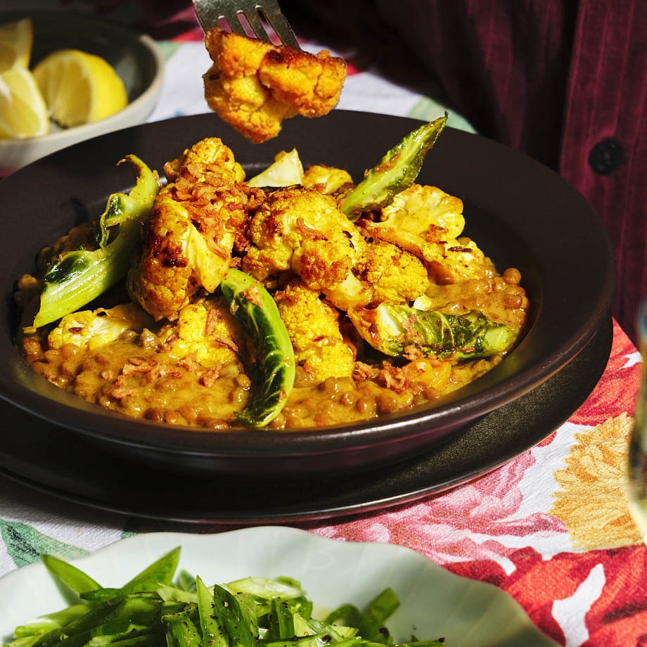 Creamy Curried Lentils, Tikka Roast Cauli, Pickled Sugar Snaps