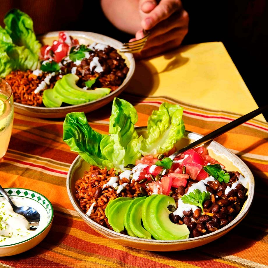 Chipotle Black Bean Burrito Bowl, Spicy Rice & Herby Lime Mayo