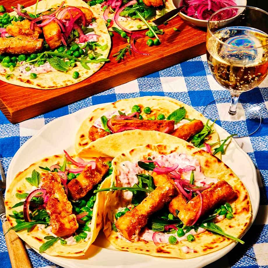 “Fish” Finger Wraps with Minted Peas, Rocket & Tartare Sauce