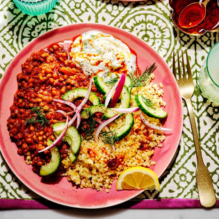 Turkish Cucumber Yoghurt with Spiced Lentil Stew & Bulgur