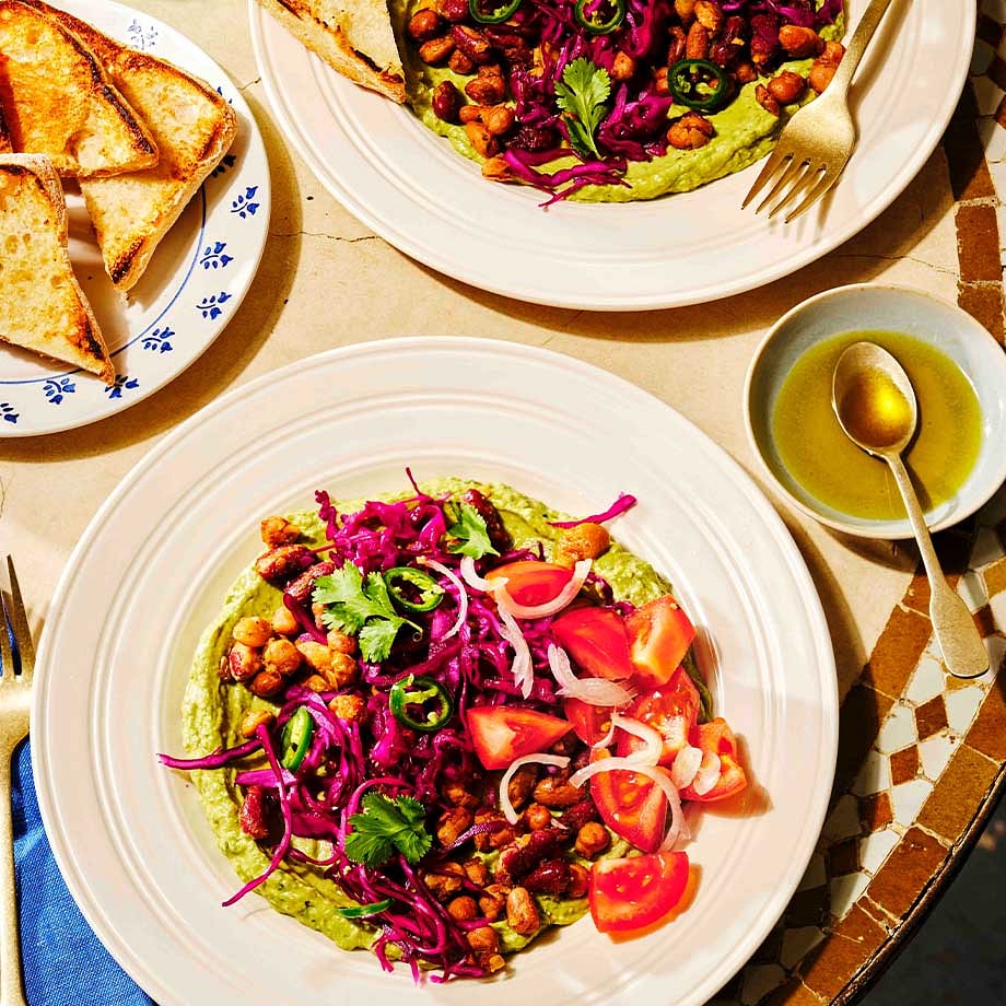Avocado & Cashew Crema with Mixed Beans, Slaw & Tomato Salad