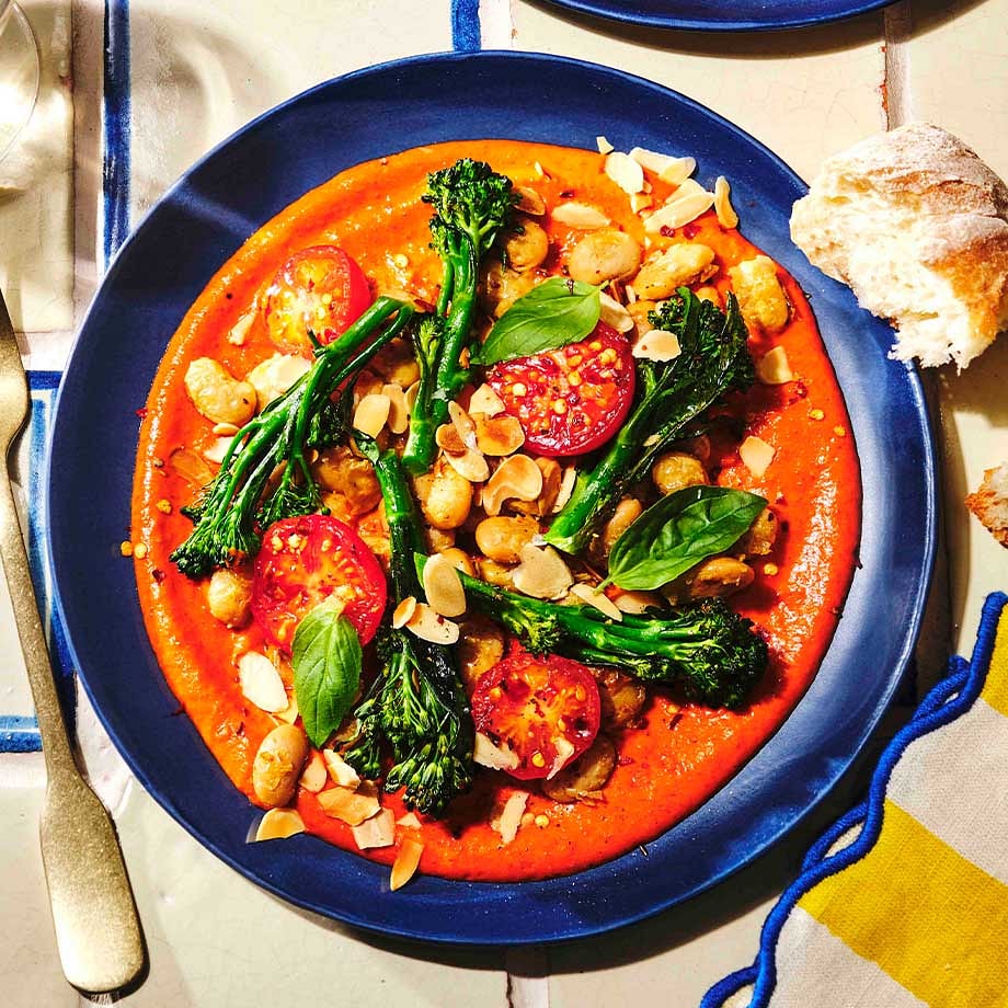 Silky Romesco Sauce with Butter Beans, Tenderstem & Crusty Ciabatta