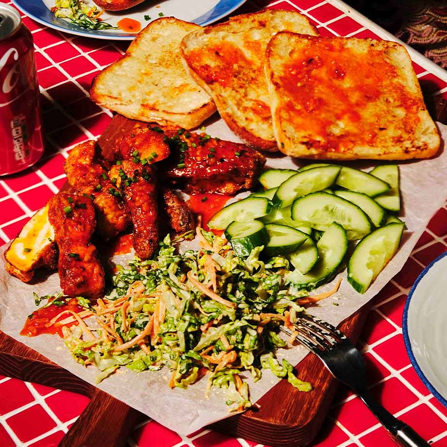 Nashville-Style Hot Tofu, Pickled Cucumber & Ranch Slaw