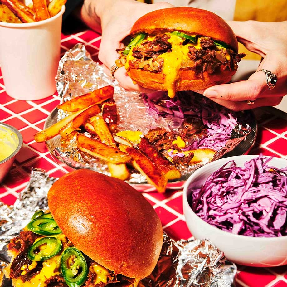 Sweet Mustard Pulled “Pork” Buns, Chips & Red Cabbage Slaw