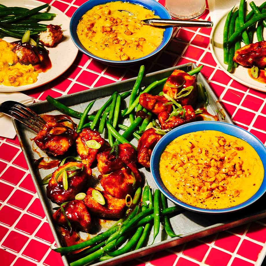 Sticky BBQ Tofu, Creamed Corn & Green Beans
