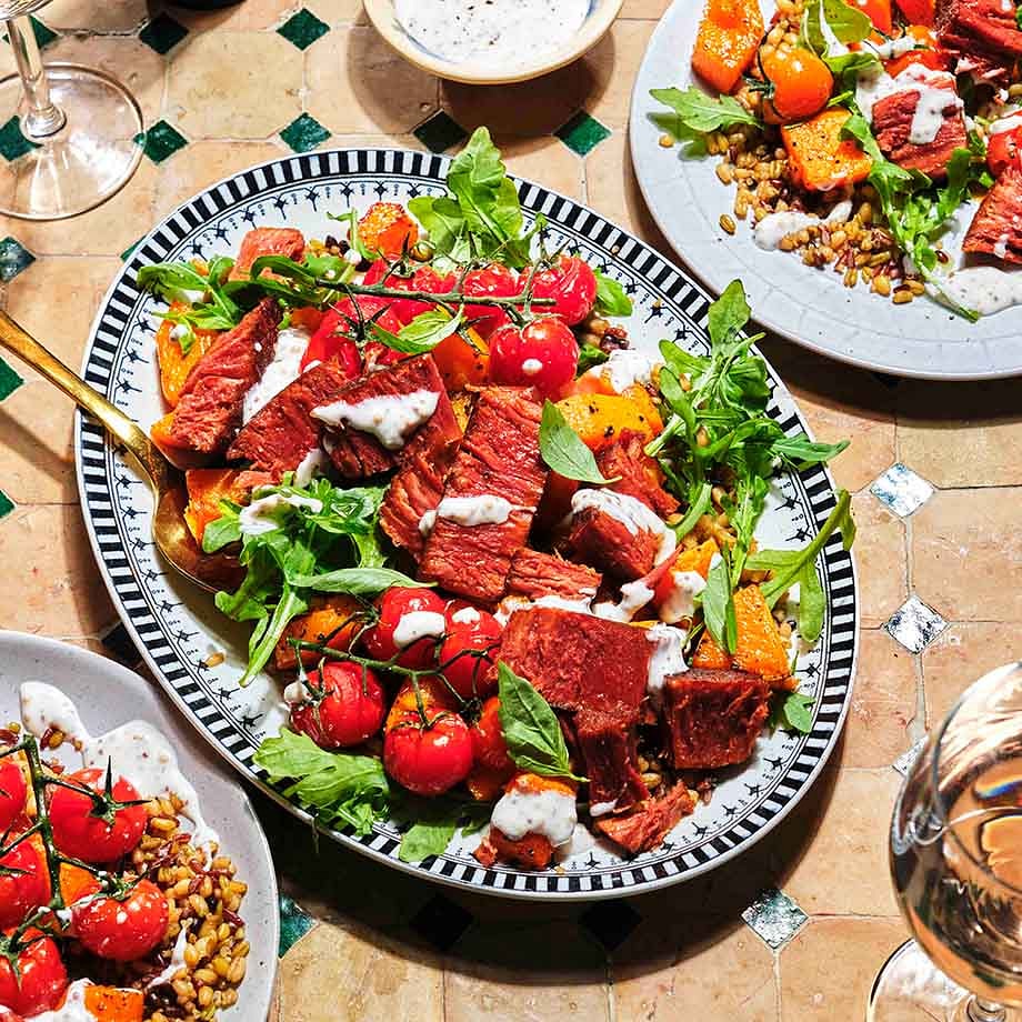 Steak Tagliata, Squash and Glorious Grains Salad with Creamy Mustard Dressing
