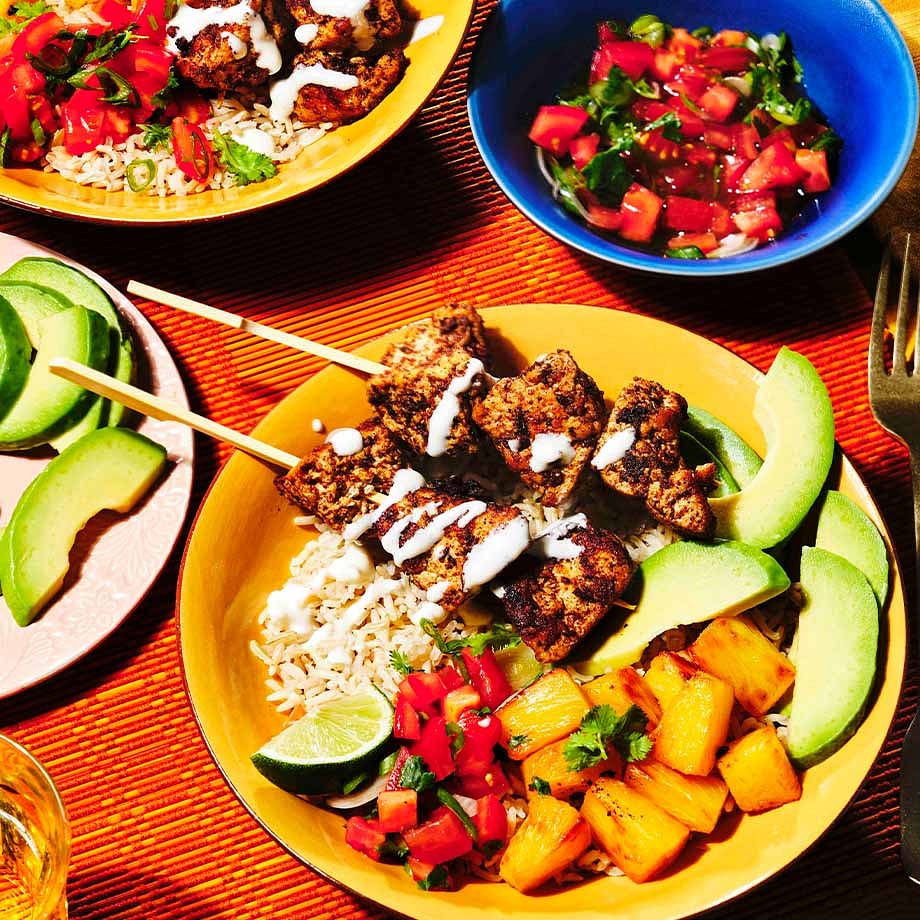 Spicy Jerk Tofu Bowl with Avocado & Charred Pineapple