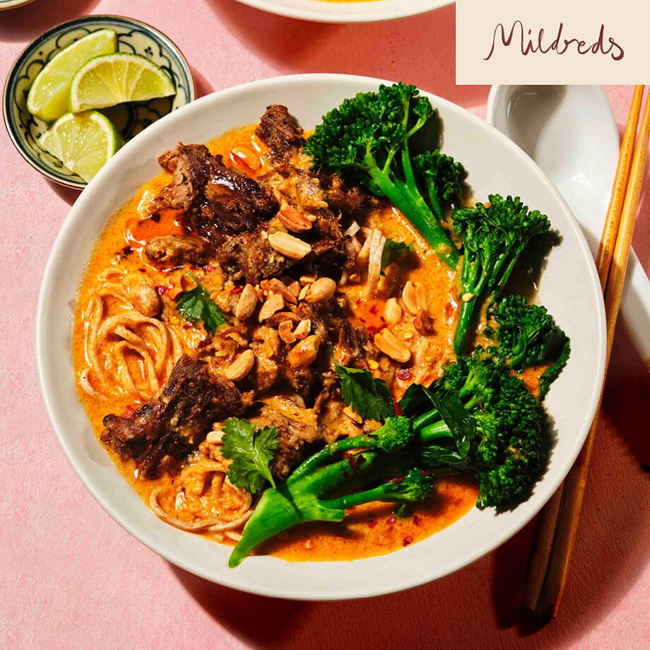 Peanut Laksa with Crispy Meaty Mushrooms and Tenderstem Broccoli
